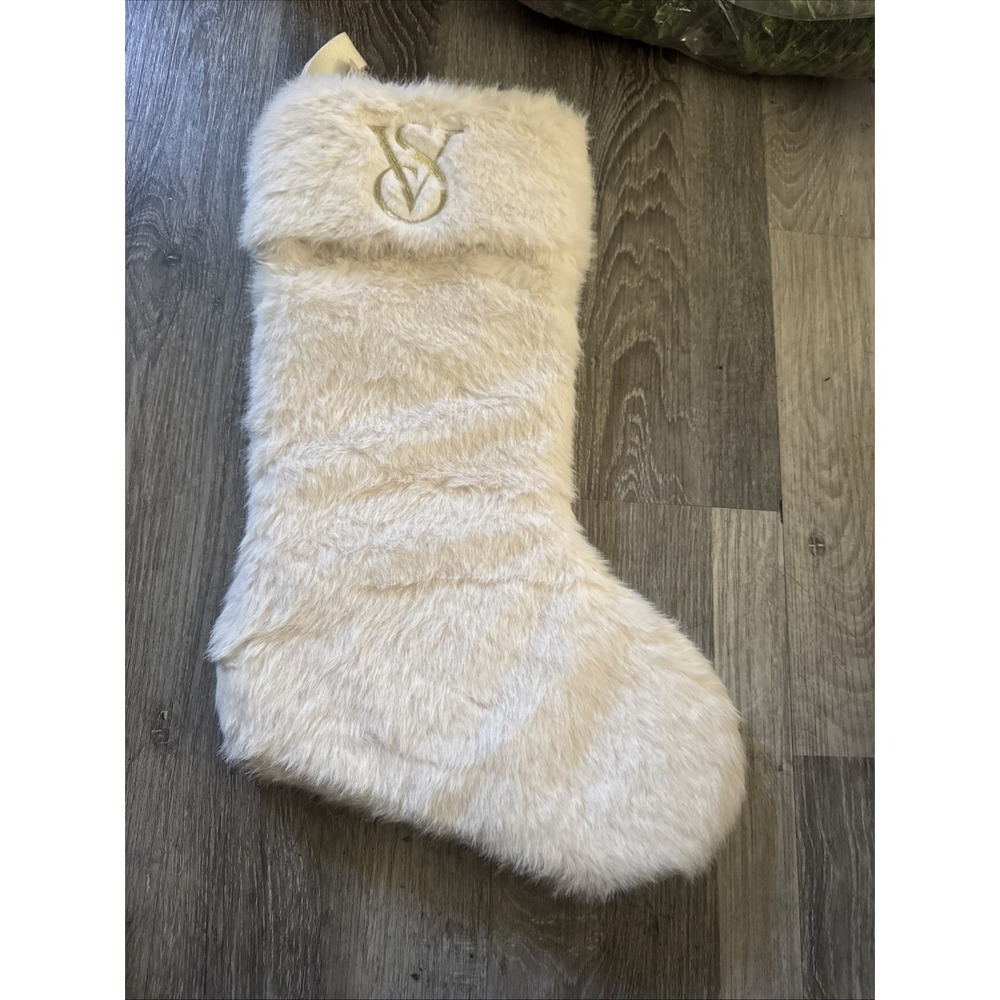Victoria's Secret Christmas Stocking Exclusive White Faux Fur Gold Lettering